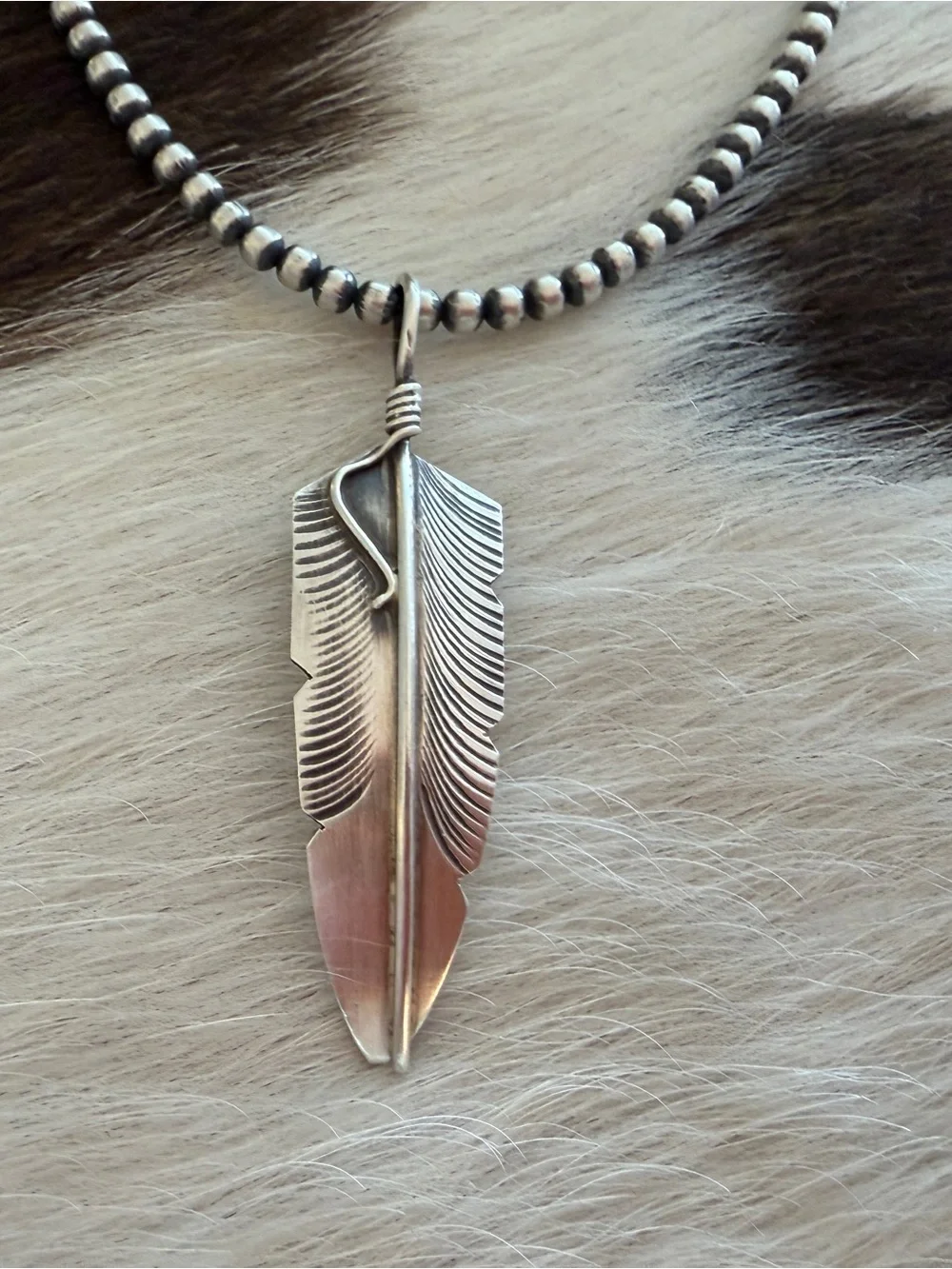 ❤️ Navajo Signed Chris Charlie Sterling Silver Hand Crafted Feather Pendant 2”L